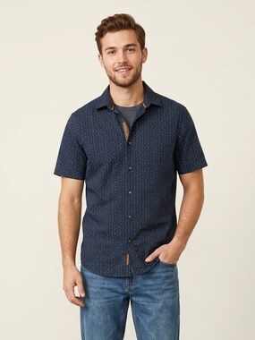 Denim & Flower | Blue Casual Button Down Shirt with Circle Print | Sz XL